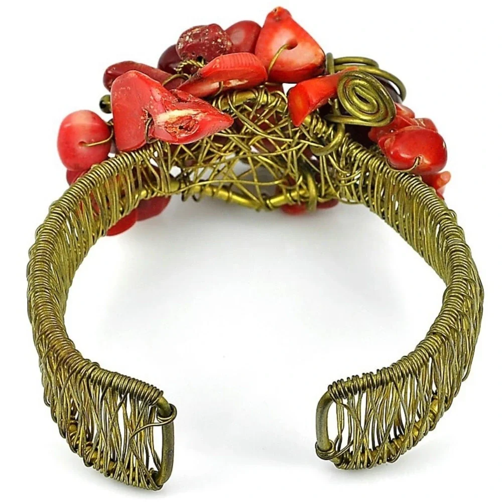 Handmade Brass Bangle Bracelet with Red Agate -‎ Adjustable